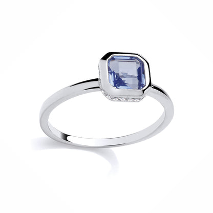 Silver  Blue Square CZ Octagonal Bezel Halo Hidden Stones Ring - GSR1066