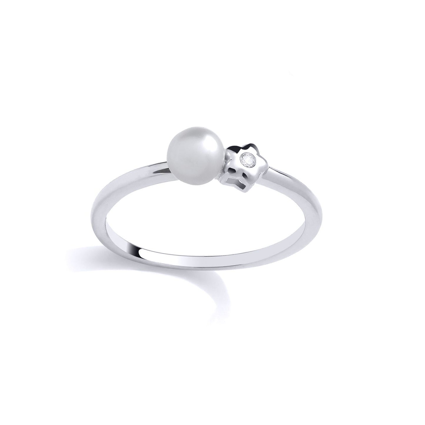 Silver  Pearl & CZ Full Moon Twinkle Star Solitaire Dress Ring - GSR1070