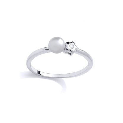 Silver  Pearl & CZ Full Moon Twinkle Star Solitaire Dress Ring - GSR1070