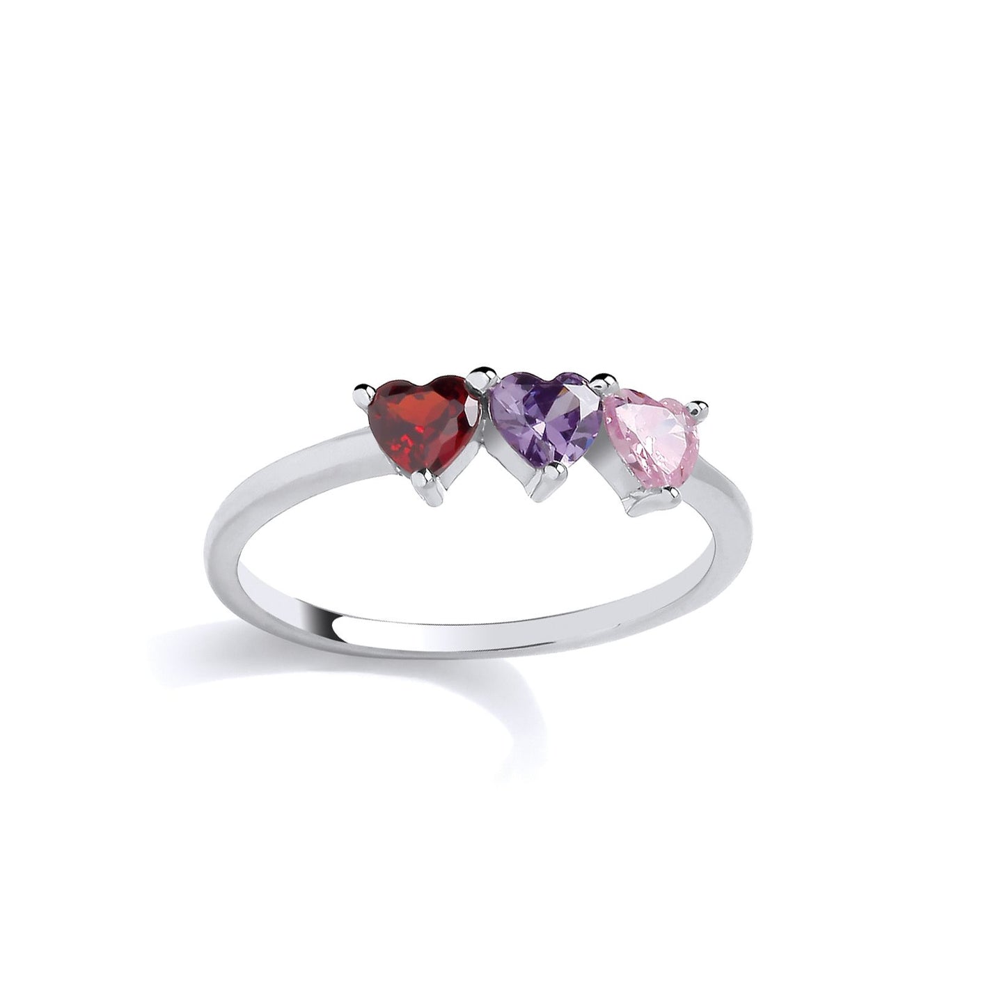 Sterling Silver CZ Garnet, Amethyst & Pink Triple Heart Ring - GSR1072