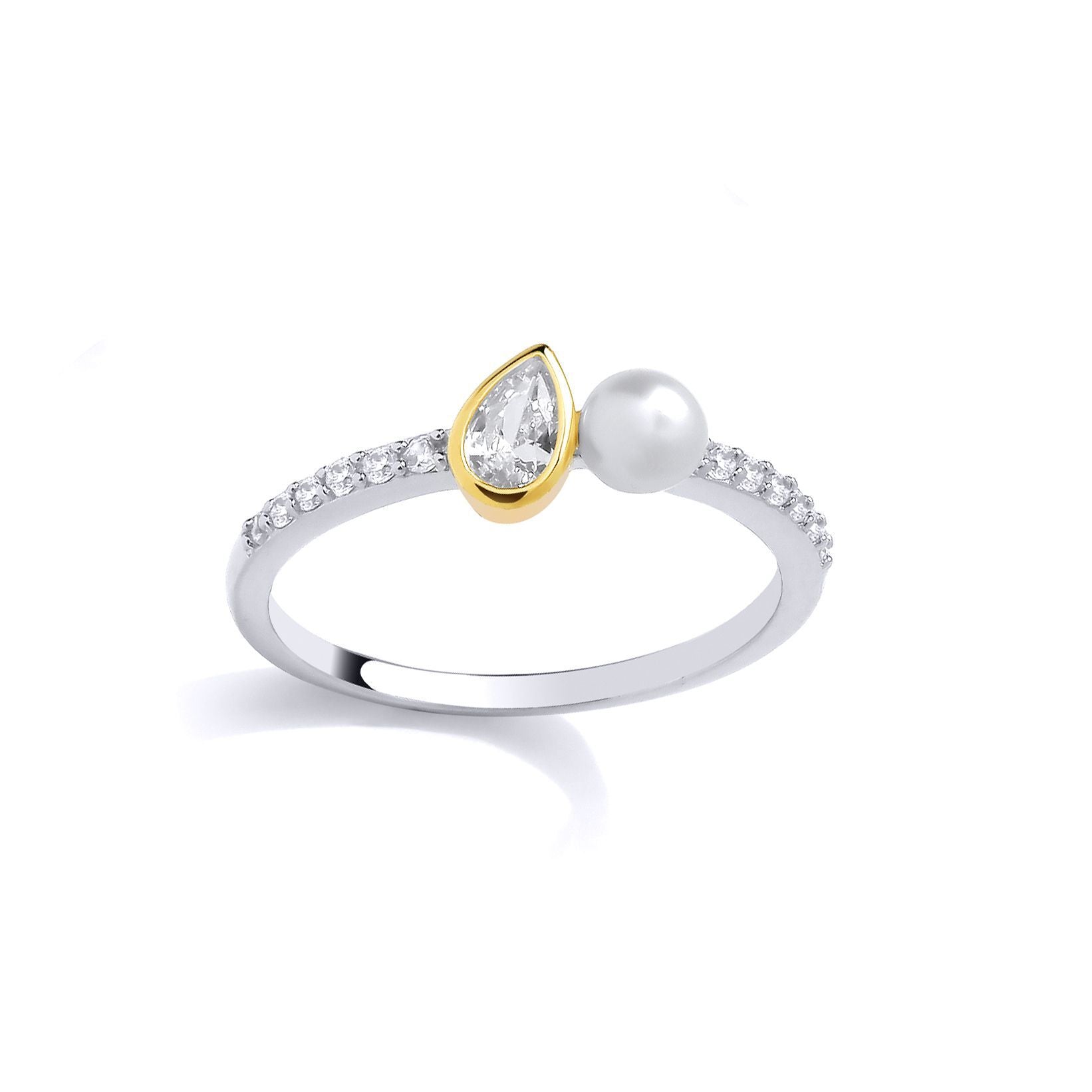 Gold-plated Silver  Pear Pearl CZ Toi et Moi Raindrop Ring - GSR1073