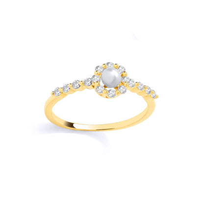 Gilded Silver  Pearl & CZ Full Moon & Stars Halo Engagement Ring - GSR1074