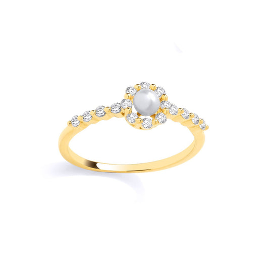 Gilded Silver  Pearl & CZ Full Moon & Stars Halo Engagement Ring - GSR1074