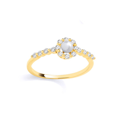 18K Gold Plated Sterling Silver CZ & Fresh Water Pearl Flower Ring - GSR1074