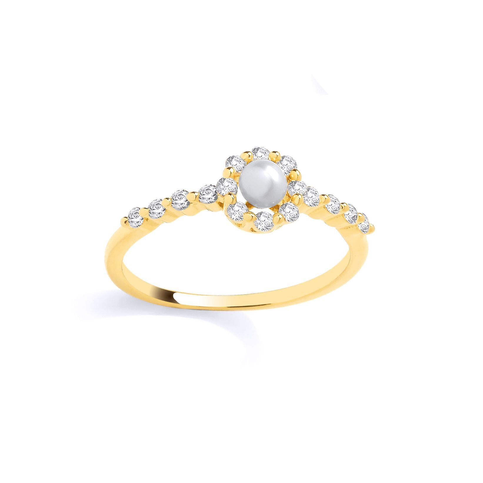Gilded Silver  Pearl & CZ Full Moon & Stars Halo Engagement Ring - GSR1074