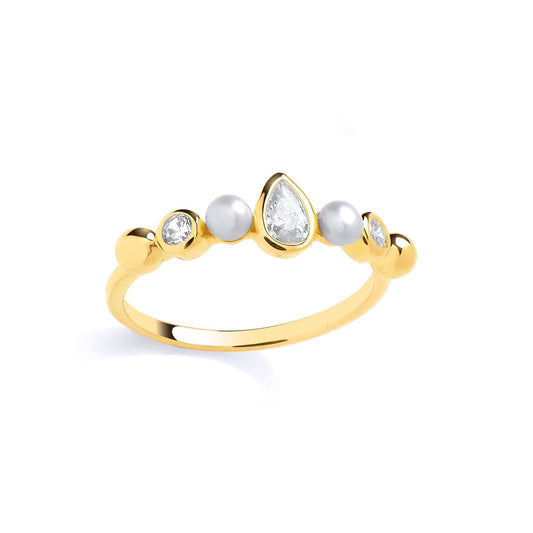 Gold-plated Silver  Pear Pearl CZ Golden Halo Bubble Eternity Ring - GSR1078