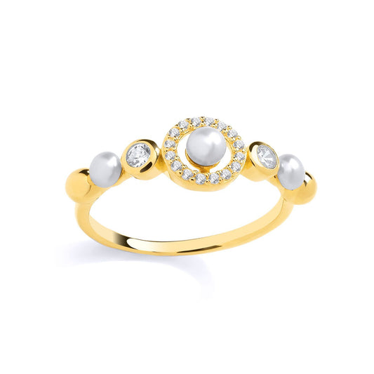 Gilded Silver  Pearl & CZ Saturn Halo Orbit Dress Ring - GSR1080