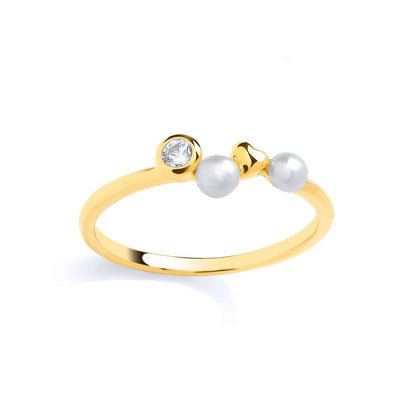 Gold-plated Silver  Pearl & CZ Zig Zag Heart Full Moon Dress Ring - GSR1081