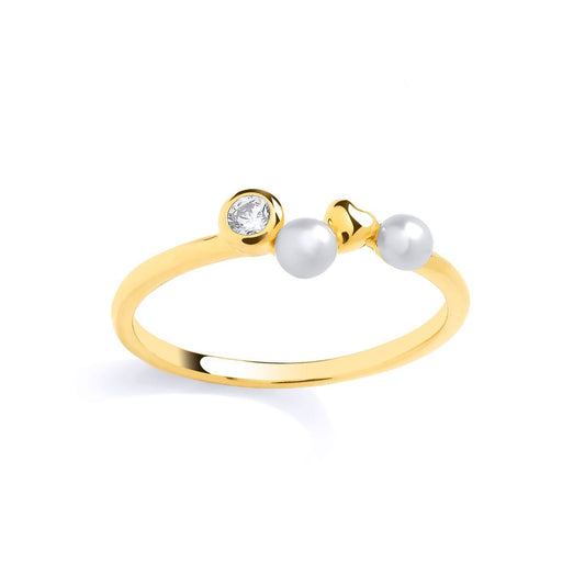 Gold-plated Silver  Pearl & CZ Zig Zag Heart Full Moon Dress Ring - GSR1081