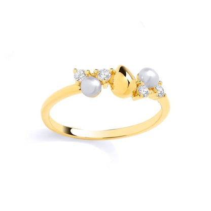 18K Gold Plated Sterling Silver CZ & Fresh Water Pearl 3-3.5mm Ring - GSR1082