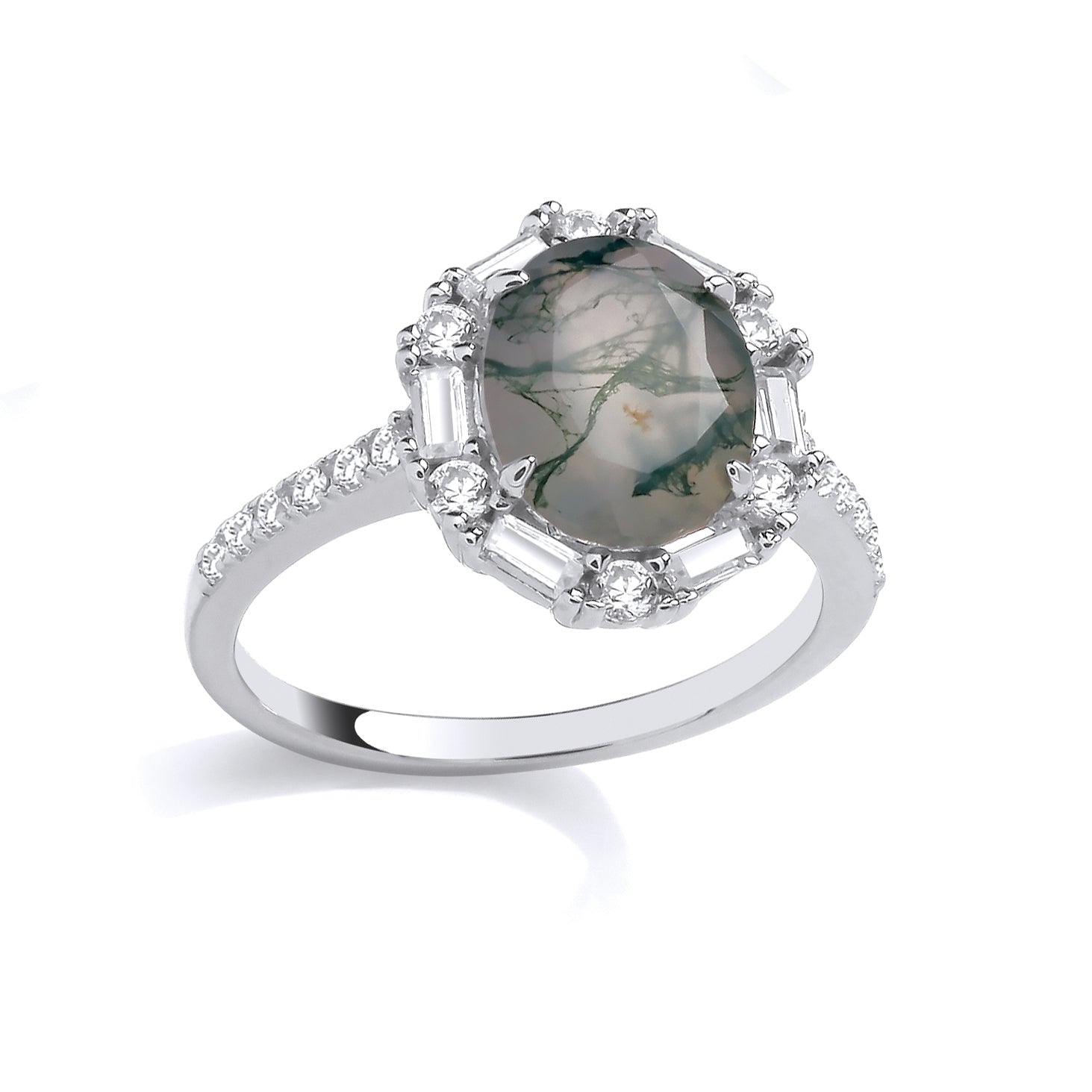 Silver  CZ & Moss Agate Cluster Ring - GSR1083