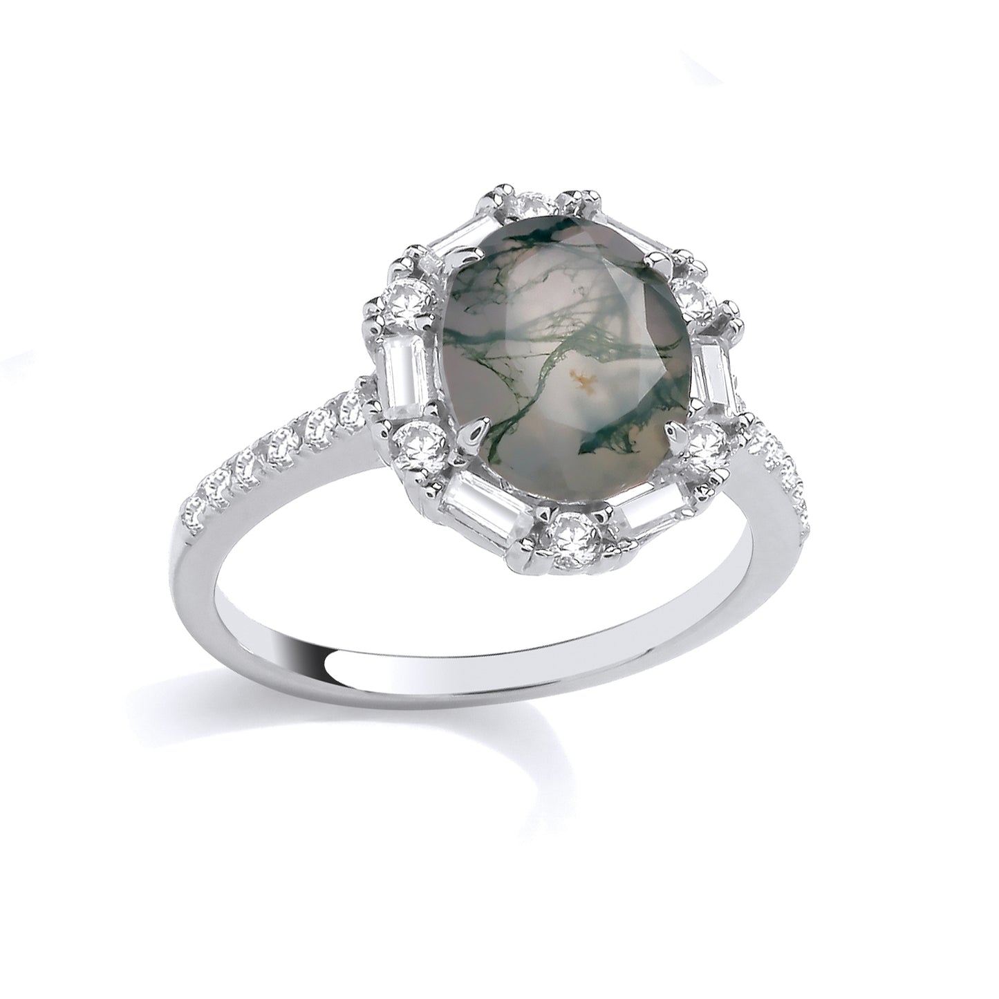 Silver  Grey Oval Moss Agate CZ Spooky Smoke Fog Station Halo Ring - GSR1083