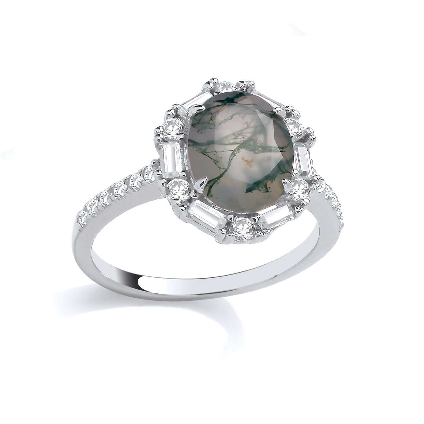 Silver  Grey Oval Moss Agate CZ Spooky Smoke Fog Station Halo Ring - GSR1083
