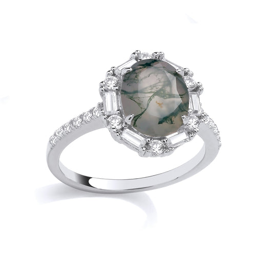 Silver  Grey Oval Moss Agate CZ Spooky Smoke Fog Station Halo Ring - GSR1083