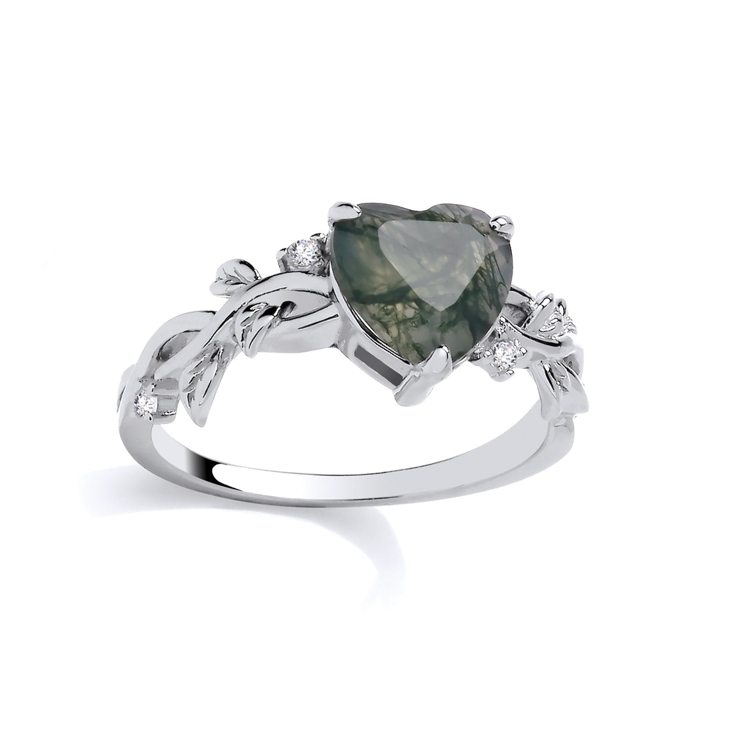 Silver  Grey Heart Moss Agate CZ Spooky Foggy Forest Leaves Ring - GSR1084