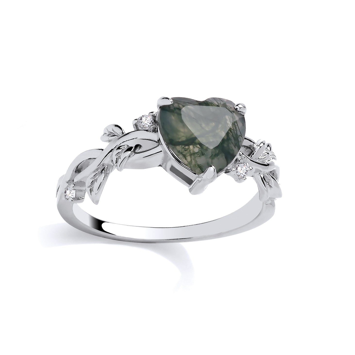 Silver  Grey Heart Moss Agate CZ Spooky Foggy Forest Leaves Ring - GSR1084
