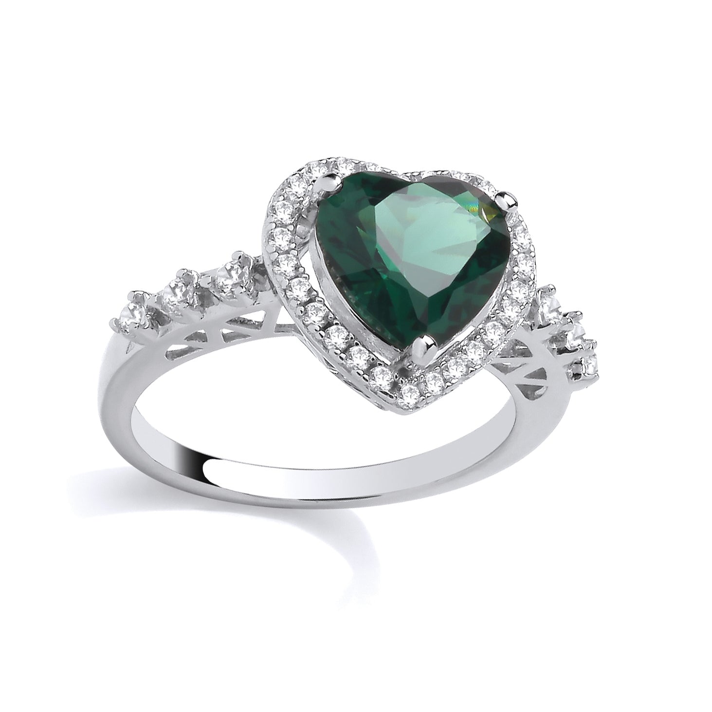 Silver  Green Heart CZ Envy Love Heart Halo Solitaire Ring - GSR1085