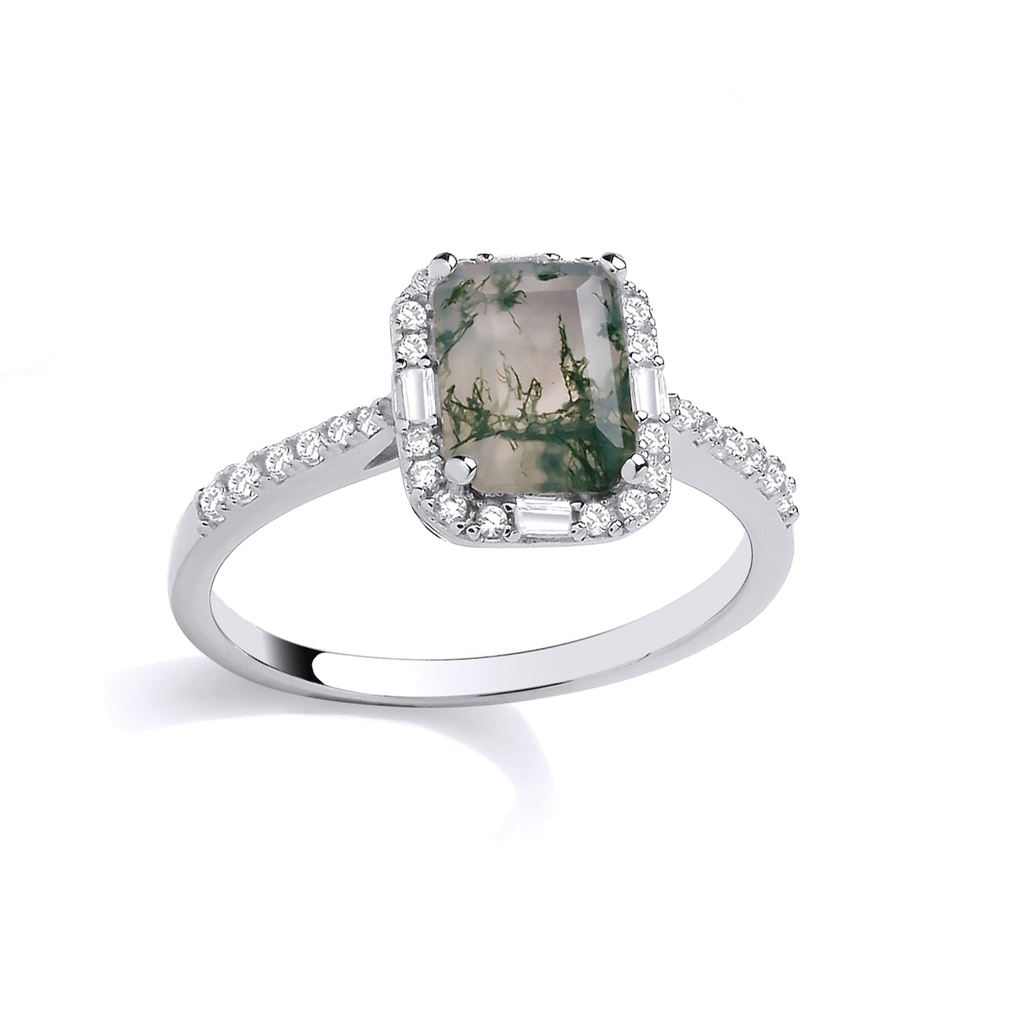 Silver  Grey Emerald Moss Agate CZ Spooky Forest Octagon Halo Ring - GSR1086