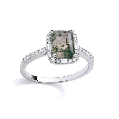 Silver  Grey Emerald Moss Agate CZ Spooky Forest Octagon Halo Ring - GSR1086