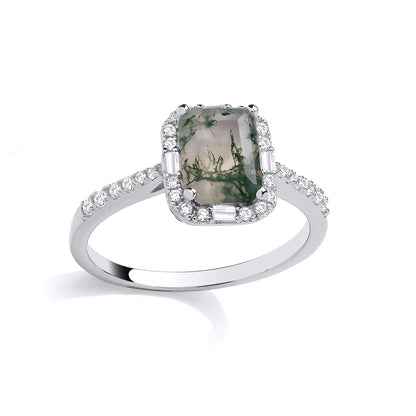 Silver  CZ & Moss Agate Emerald Cut Ring - GSR1086