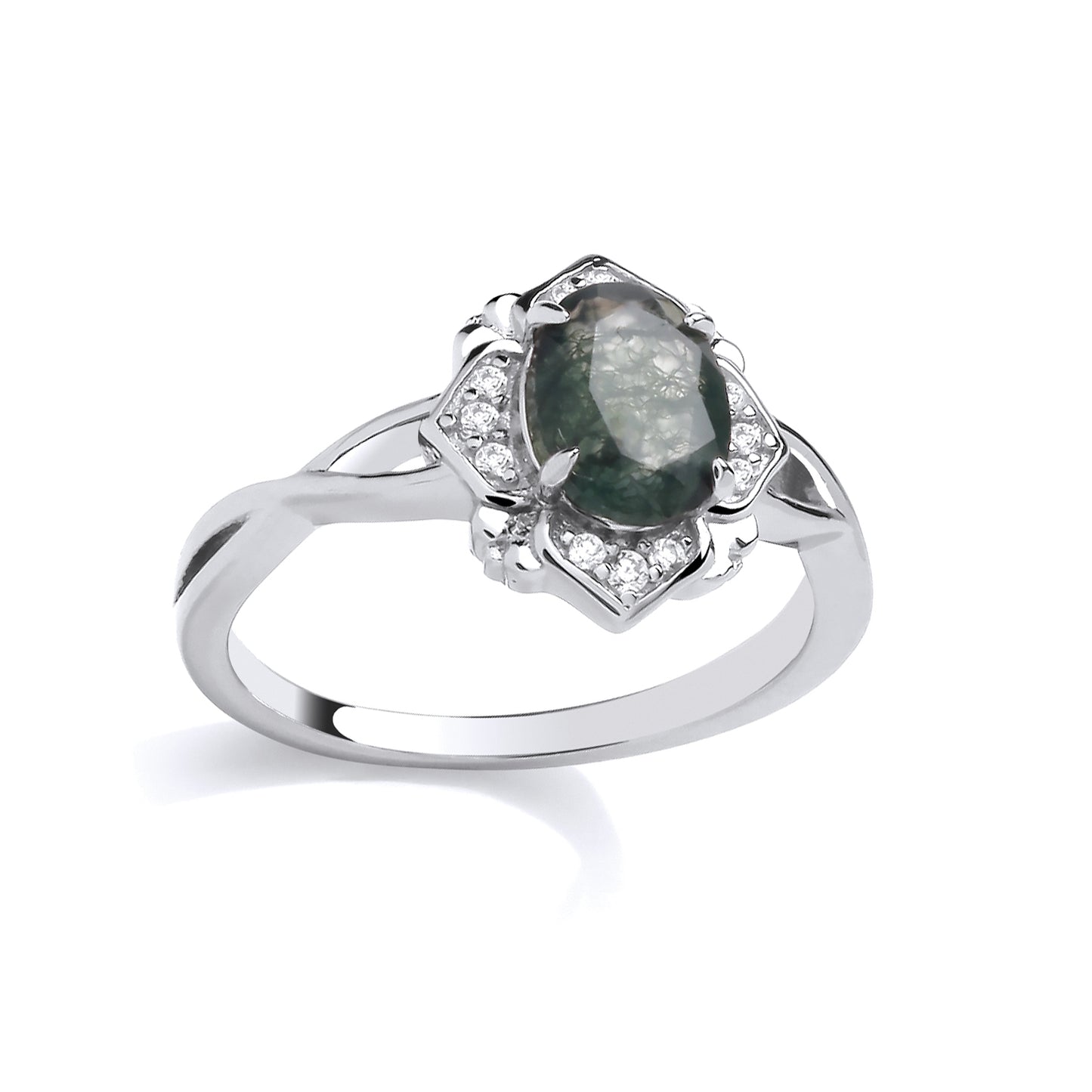 Silver  CZ & Moss Agate Oval Cut Cluster Ring - GSR1087