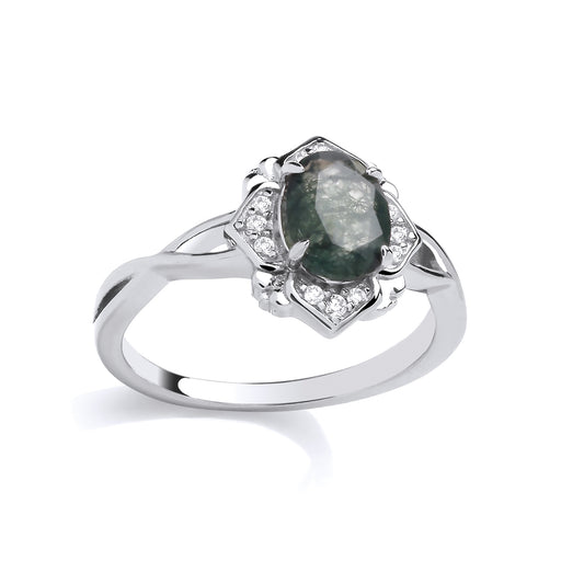 Silver  CZ & Moss Agate Oval Cut Cluster Ring - GSR1087