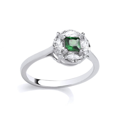 Silver  CZ & Emerald Fancy Solitaire Ring - GSR1088