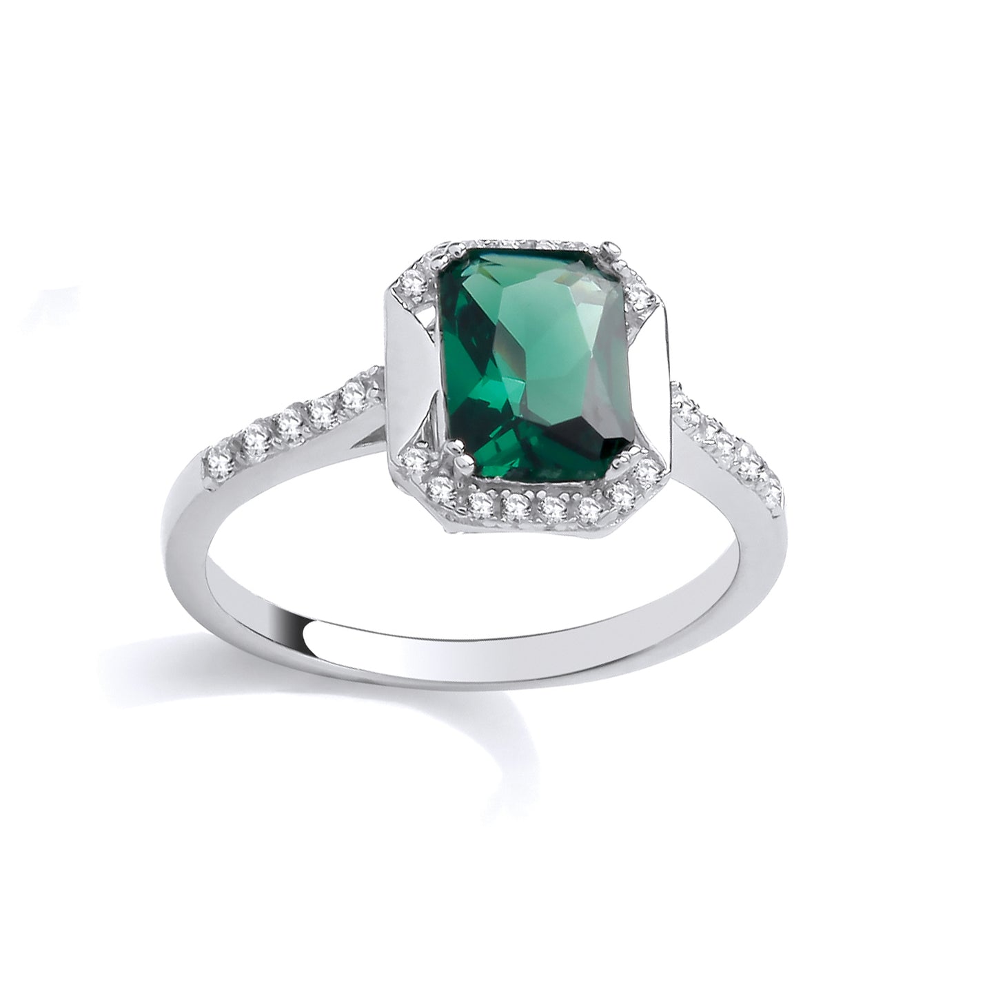 Silver  CZ & Emerald Solitaire Ring - GSR1089
