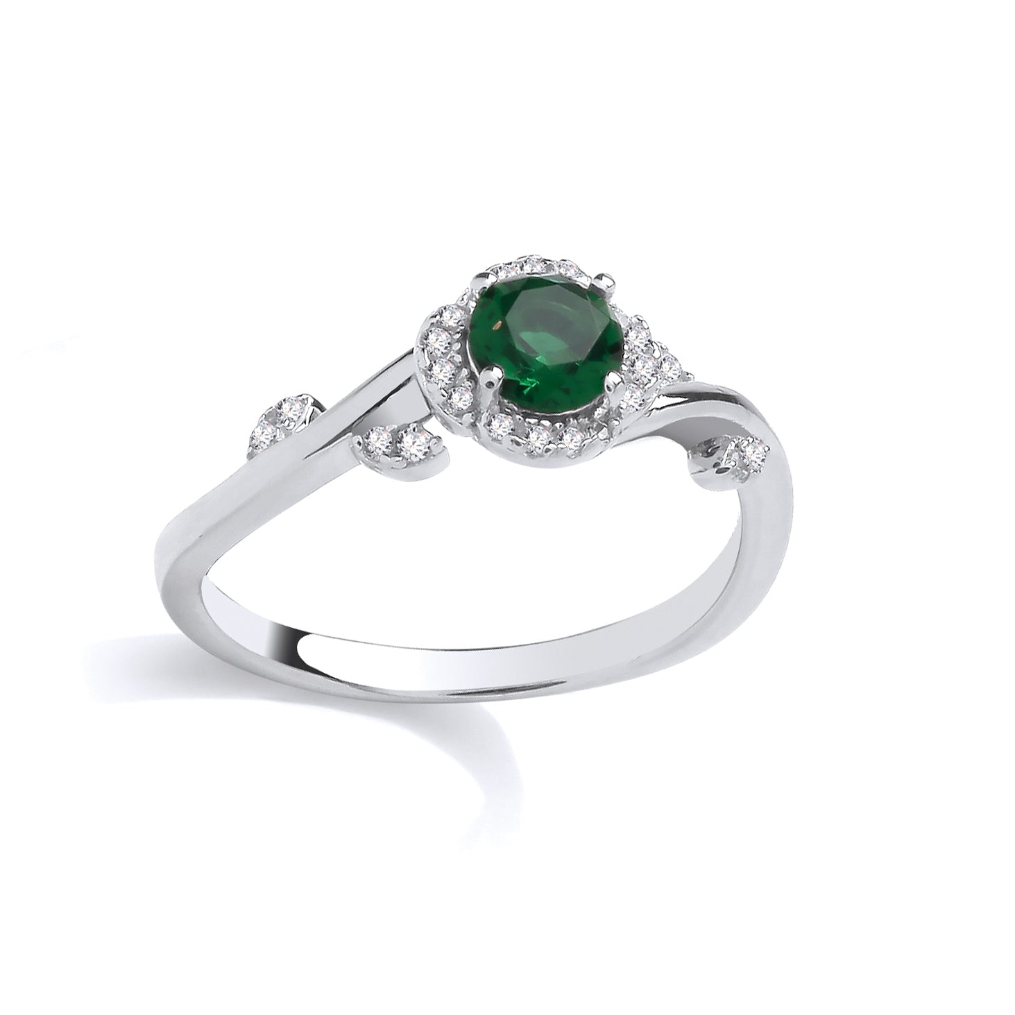 Silver  CZ & Emerald Solitaire Petal Ring - GSR1090