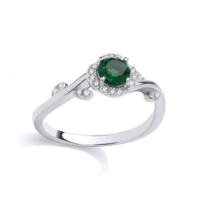 Silver  CZ & Emerald Solitaire Petal Ring - GSR1090
