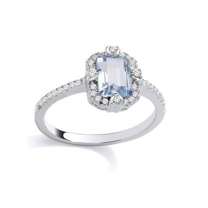 Silver  Blue Emerald CZ Love Heart Icy Glow Halo Solitaire Ring - GSR1091