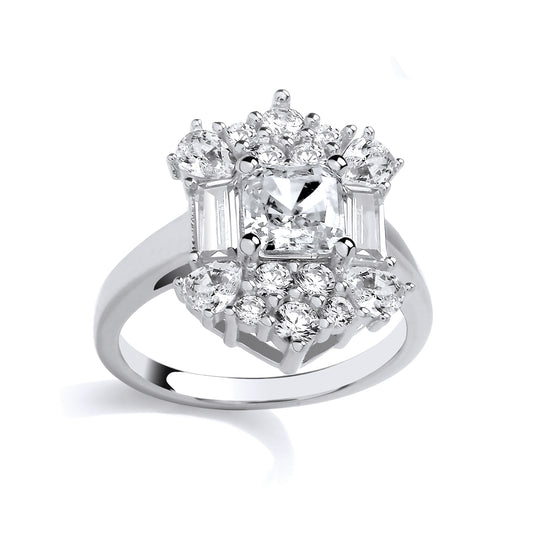 Silver  Princess Pear CZ Mystic Icy Fiery Art Deco Shield Ring - GSR1092
