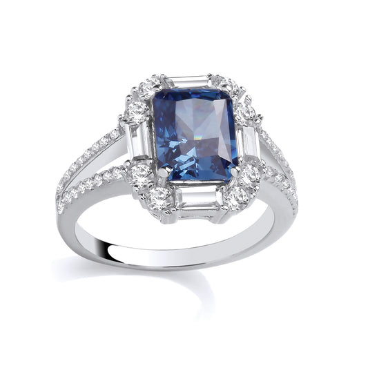 Silver  Blue Radiant CZ Split Shoulder Octagonal Halo Ring - GSR1093