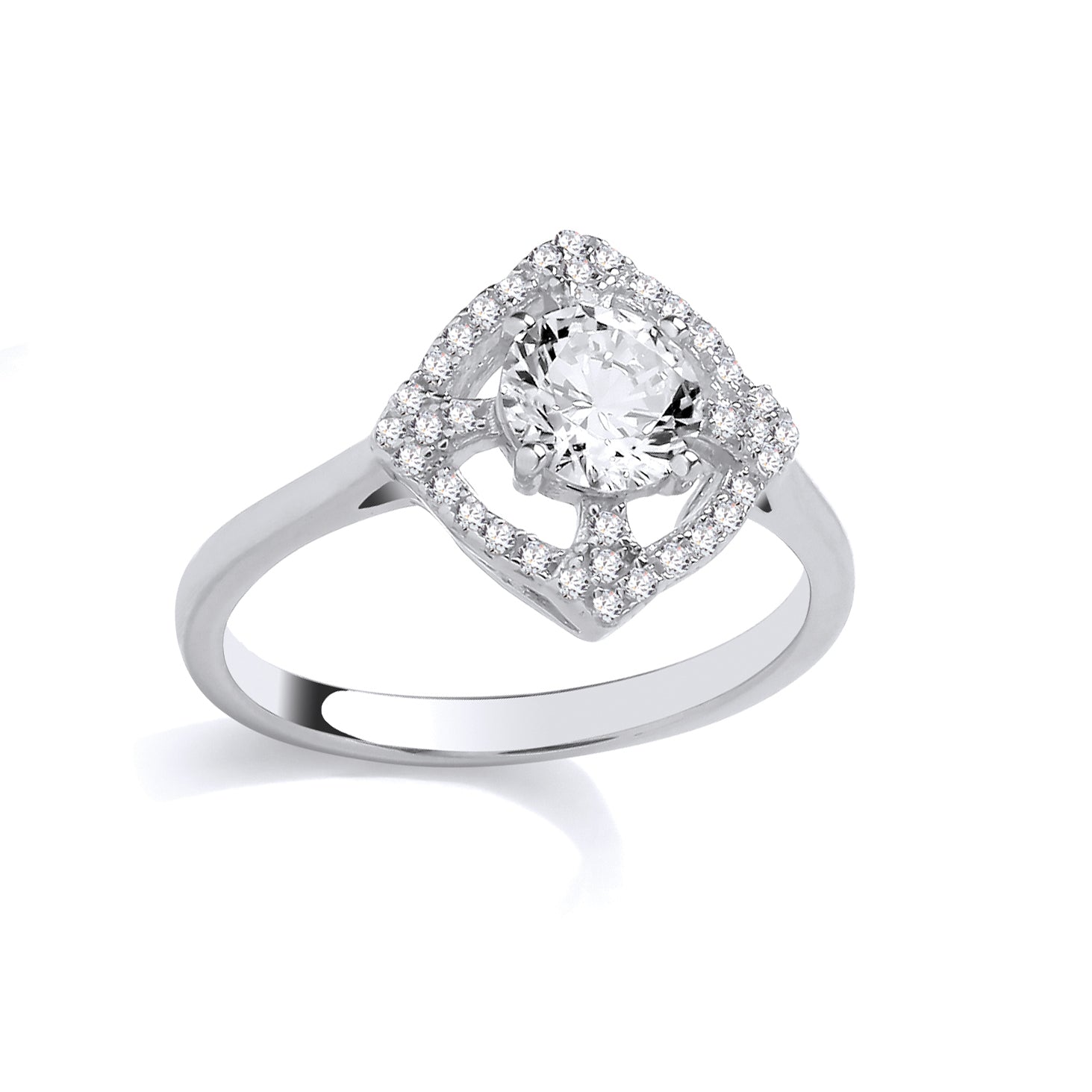 Silver  CZ Maltese Cross Scalloped Square Cushion Halo Ring - GSR1096