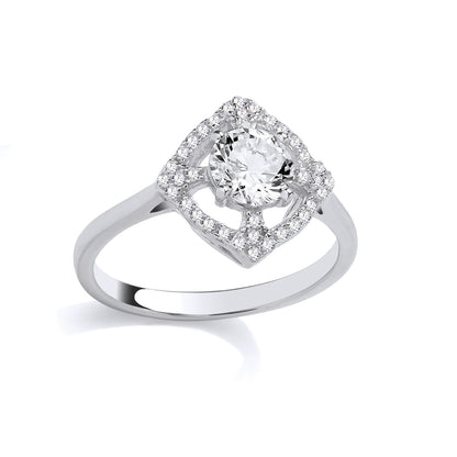Silver  CZ Maltese Cross Scalloped Square Cushion Halo Ring - GSR1096