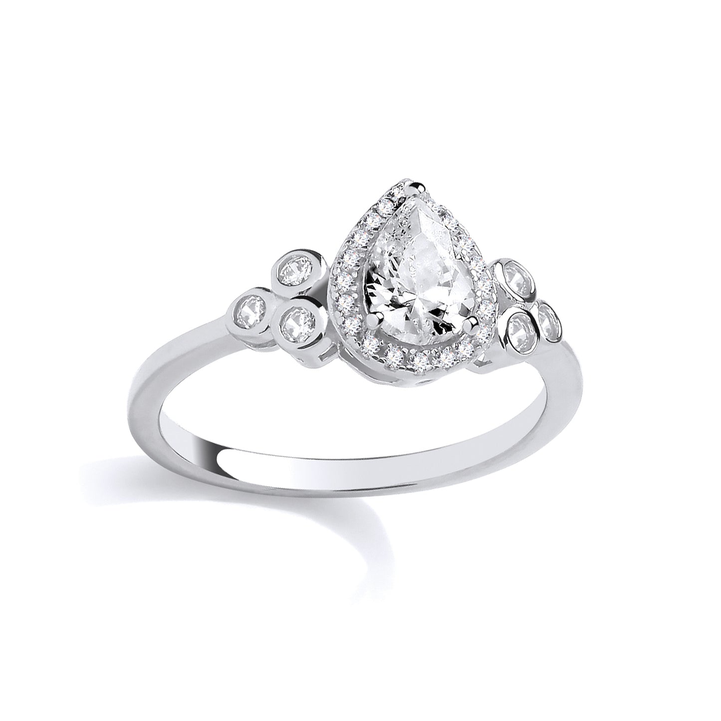 Silver  Pear CZ Clover Clubs Cluster Teardrop Halo Solitaire Ring - GSR1097