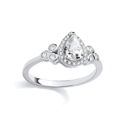 Silver  Pear CZ Clover Clubs Cluster Teardrop Halo Solitaire Ring - GSR1097