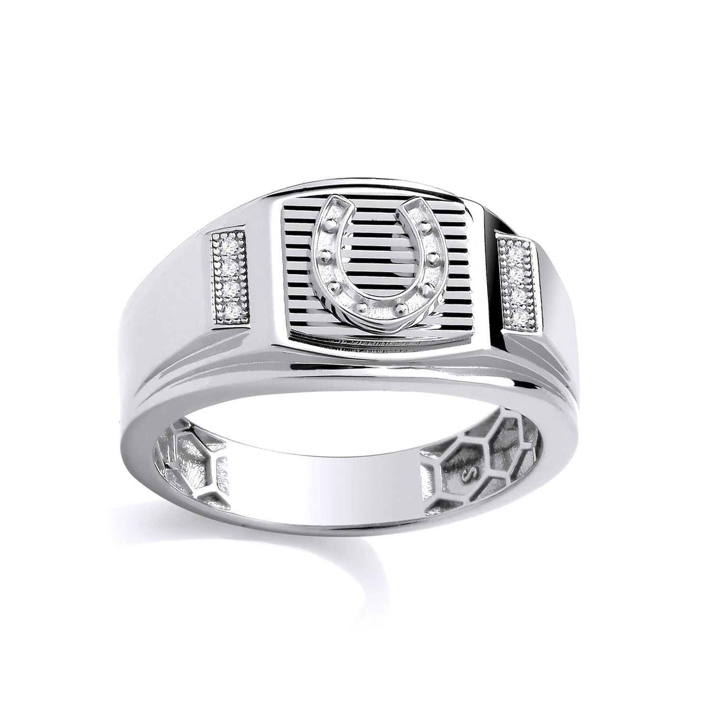 Silver  CZ Studded Horseshoe Grill Buckle Signet Ring - GSR1101