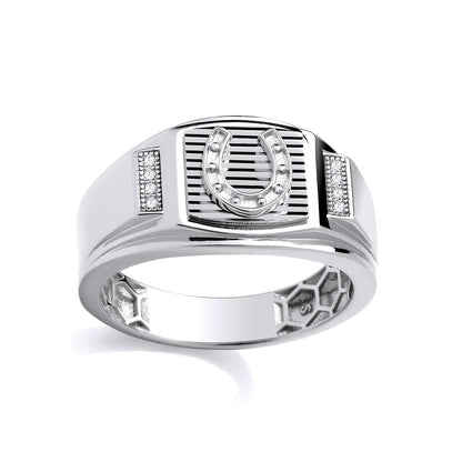Silver  CZ Studded Horseshoe Grill Buckle Signet Ring - GSR1101