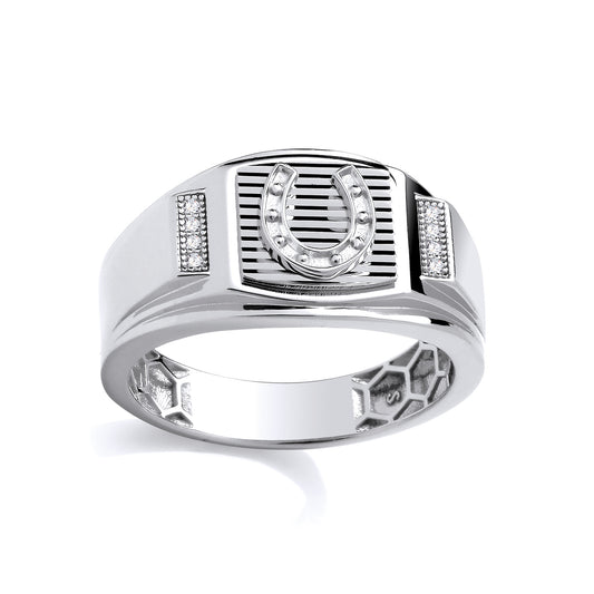 Silver  CZ Studded Horseshoe Grill Buckle Signet Ring - GSR1101
