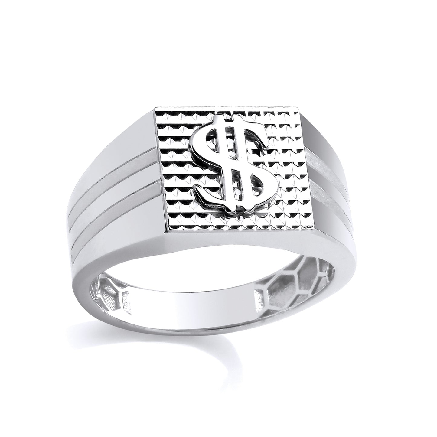 Silver  $ Dollar Engine Turned Double Grooved Square Signet Ring - GSR1102