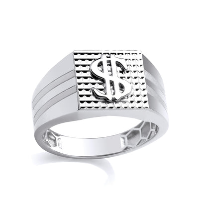 Silver  $ Dollar Engine Turned Double Grooved Square Signet Ring - GSR1102