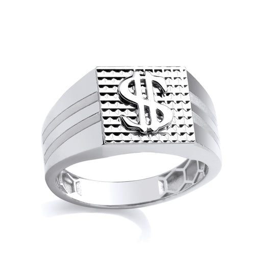 Silver  $ Dollar Engine Turned Double Grooved Square Signet Ring - GSR1102