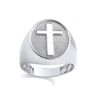 Silver  Hexagon Honeycomb Cross Dimpled Oval Signet Ring - GSR1103