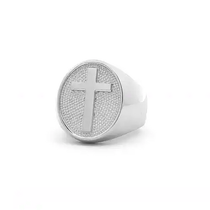 Silver  Hexagon Honeycomb Cross Dimpled Oval Signet Ring - GSR1103