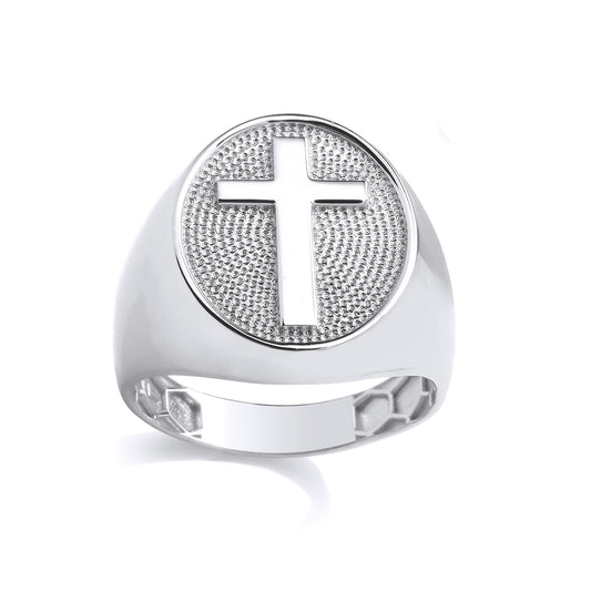 Silver  Gents Hexagon Honeycomb Cross Dimpled Oval Signet Ring - GSR1103