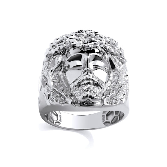 Silver  Gents CZ Jesus Head Ring With Cross Engraved Shoulders - GSR1104