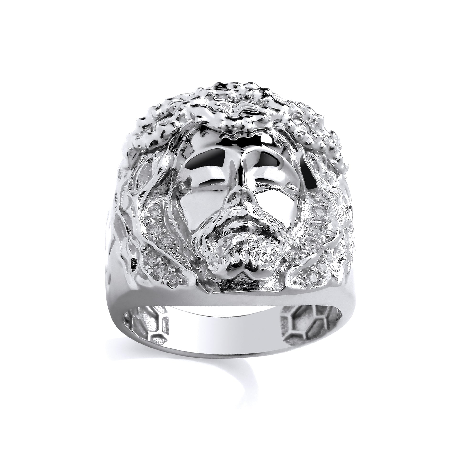 Silver  Gents CZ Jesus Head Ring With Cross Engraved Shoulders - GSR1104
