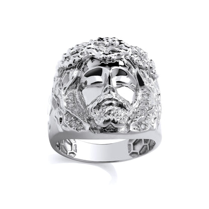 Silver  CZ Hexagon Honeycomb Jesus Head Dress Ring - GSR1104