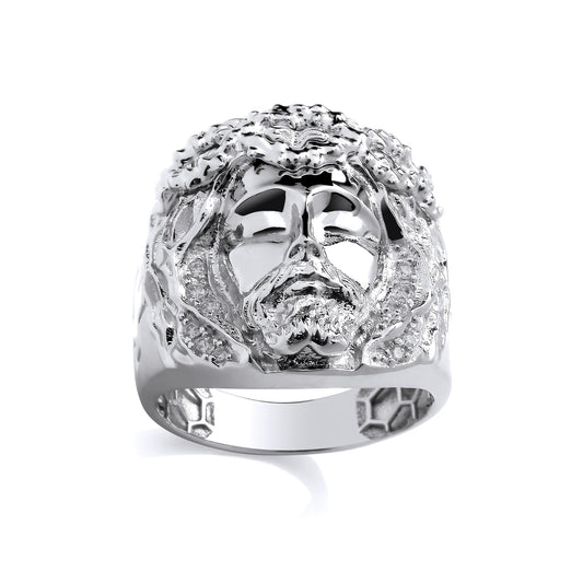 Silver  CZ Hexagon Honeycomb Jesus Head Dress Ring - GSR1104
